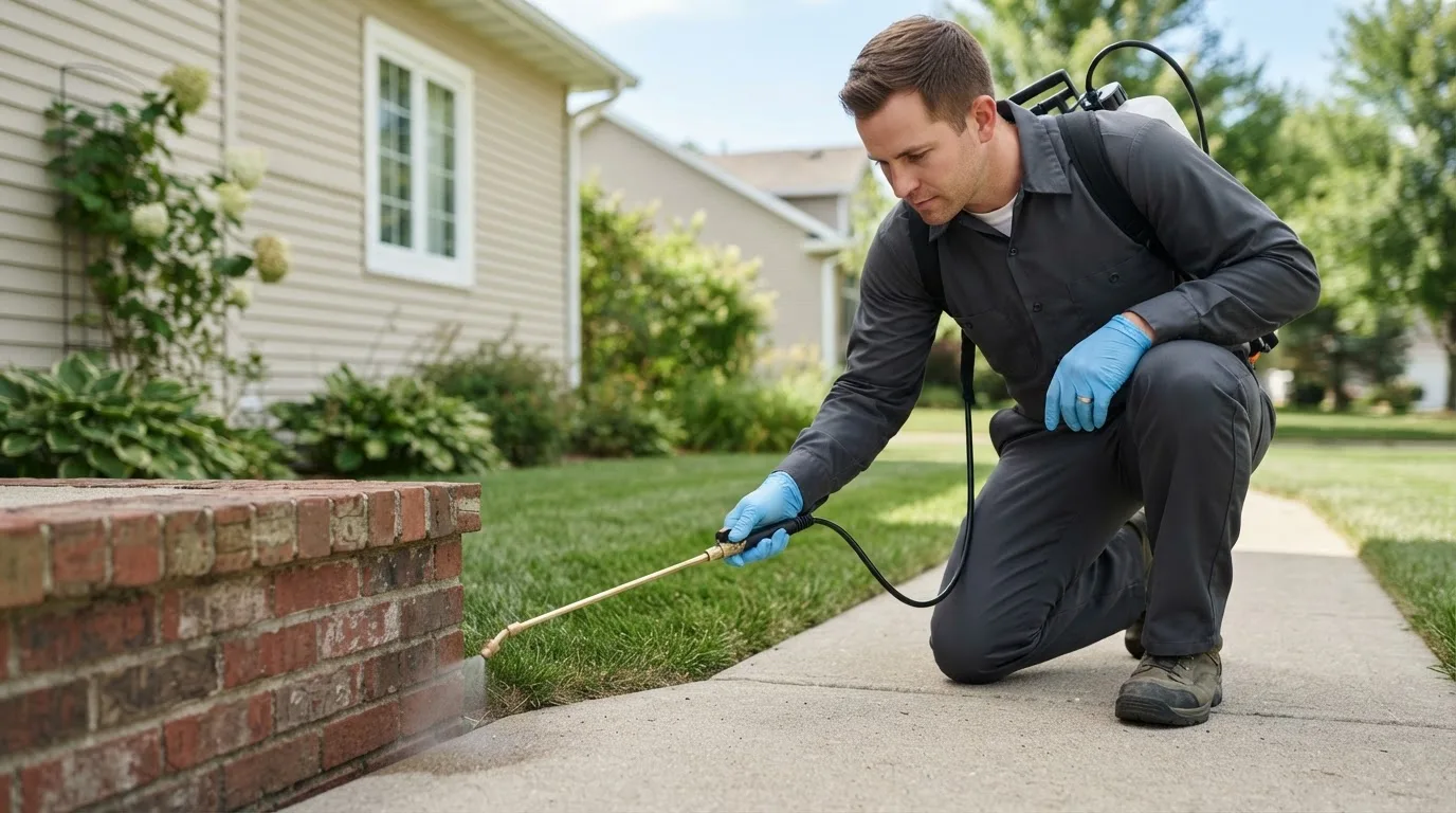 Pest control technician treating a home near East Brady, PA