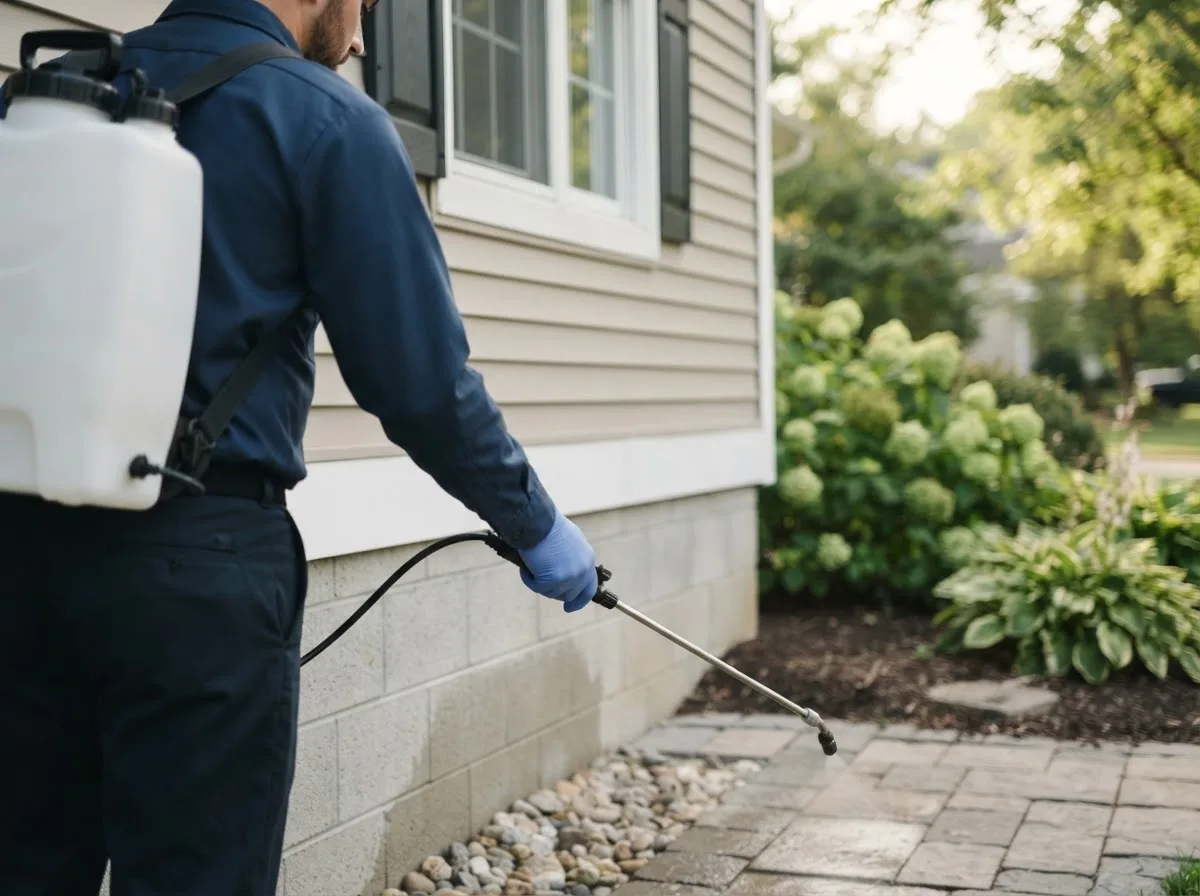 Pest control technician inspecting a home in East Brady, PA
